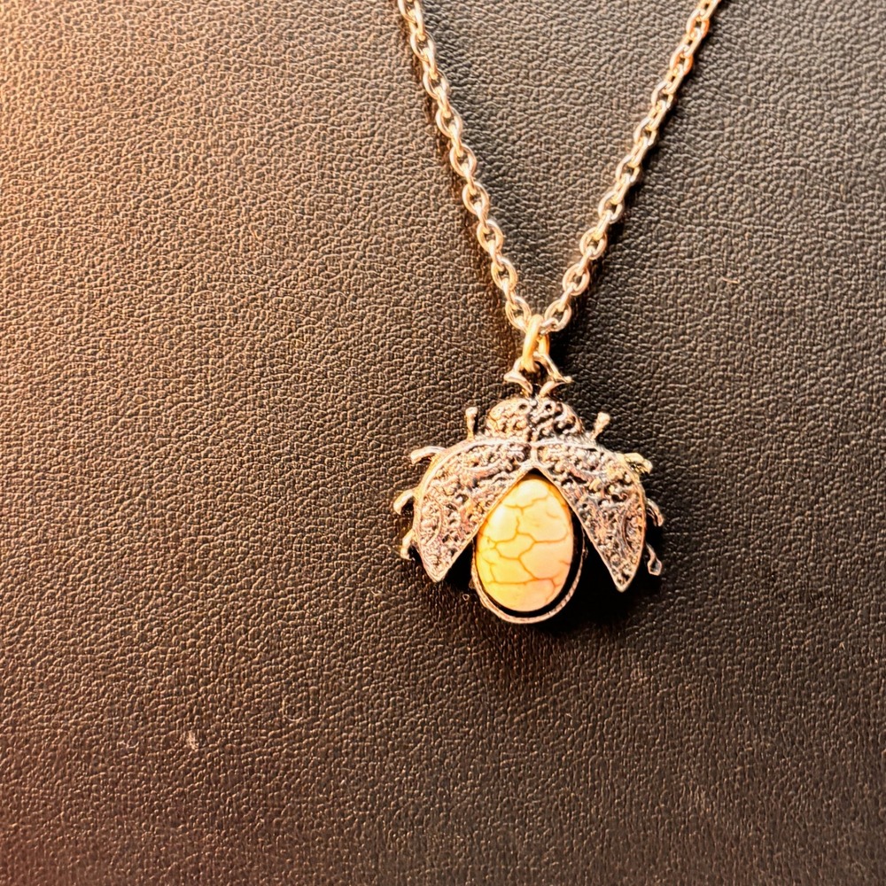 Beetle Pendant Necklace Silver Cream Goth‎ Boho Whimsygoth Statement Jewelry